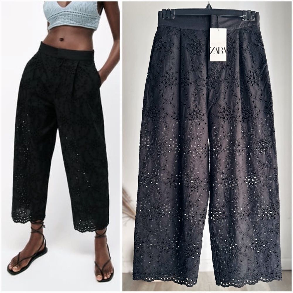 Zara Embroidered Openwork Cropped Boho Pants Black New